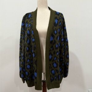 Topshop Leopard Print Knit Cardigan – Olive Green & Blue